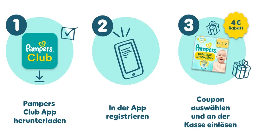 Pampers Club App herunterladen - registrieren - Coupon für Premium Protection Größe 1-2 sichern