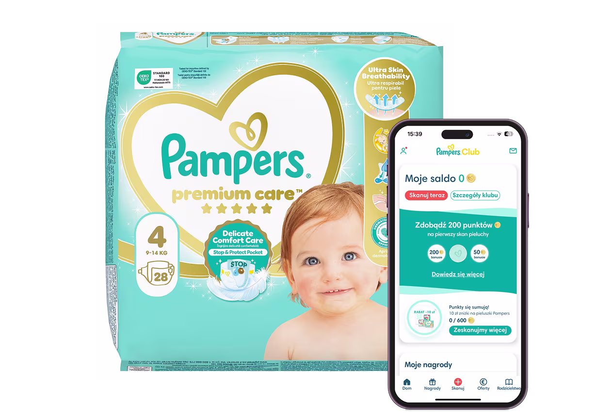 Logo Pampers Club i opakowanie pieluszek z aplikacją Pampers Club pokazaną na telefonie