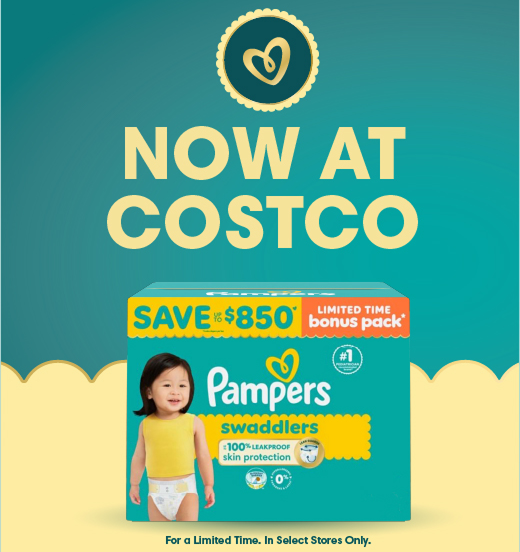 A Pampers Swaddlers Costco box on a teal background with scalloped yellow detail at the bottom with the text Now at Costco