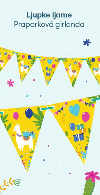 Naše su zastavice ukrašene zabavnim ilustracijama i motivima s pozadinom jarko žute boje, zelenim biljkama, darovima, balonima i ljupkom ljamom!