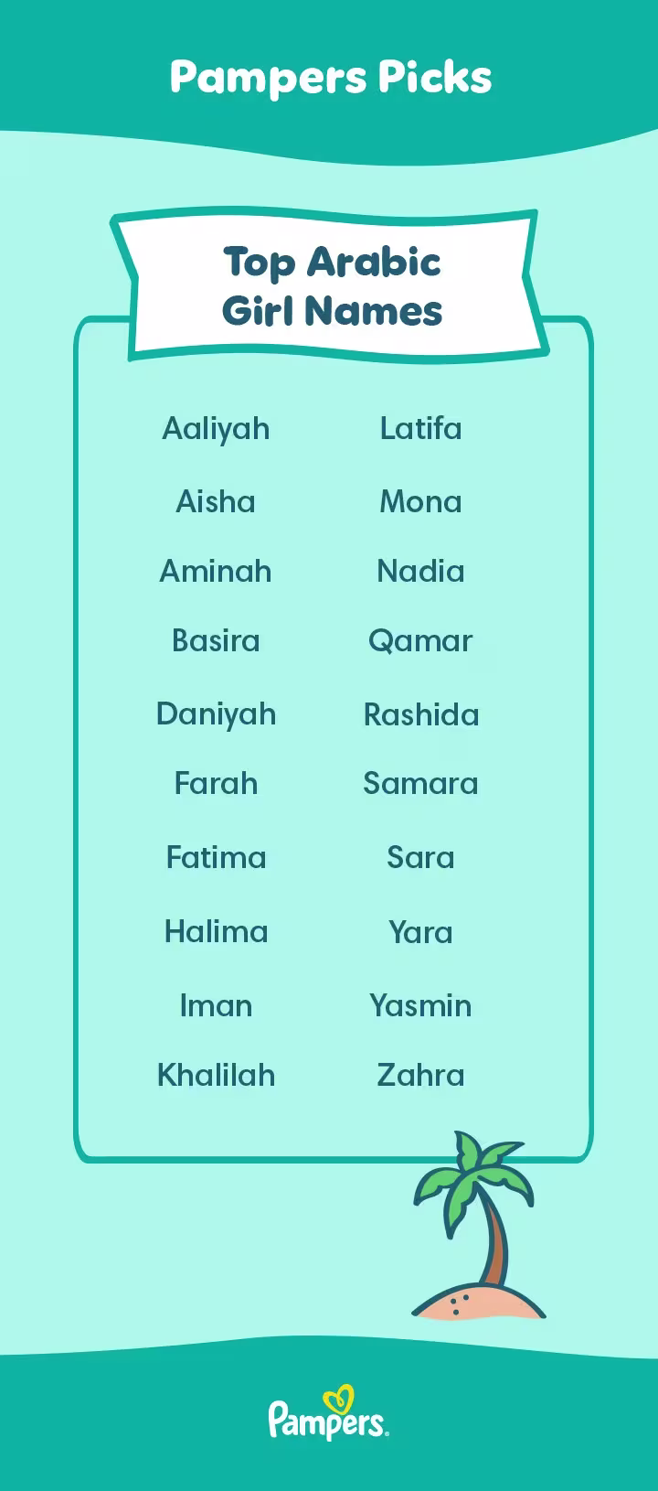 This image shows a list of 20 unique Islamic girls names from the Quran that prospective parents can use as a guide for Muslim girl names.