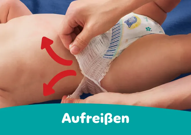 Hände reißen die Seitenbündchen der Pants auf und verdeutlichen das einfache Ausziehen.