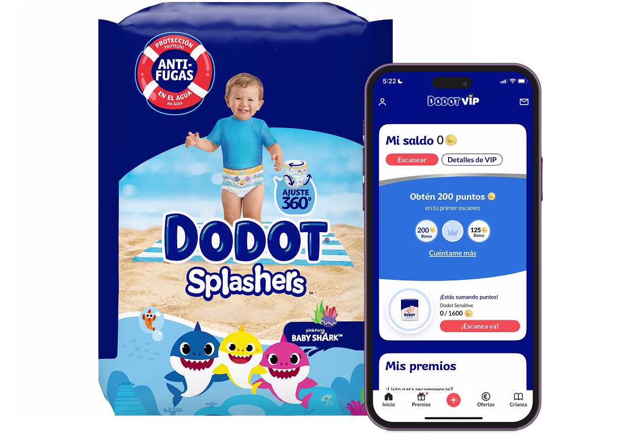 Dodot VIP, pacote de fraldas com a App Dodot VIP mostrada num telemóvel