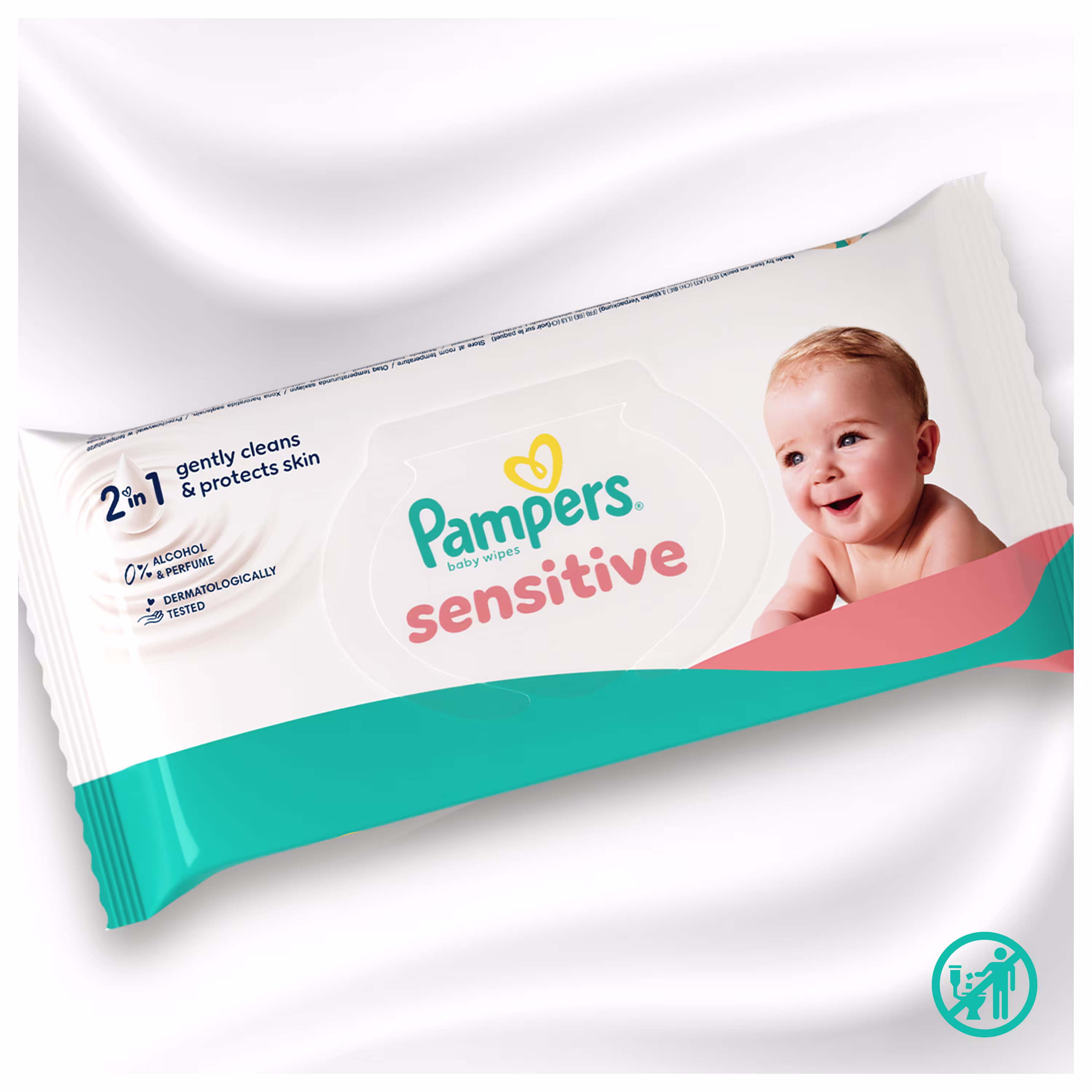 Un prim-plan al unui pachet de șervețele umede Pampers Sensitive
