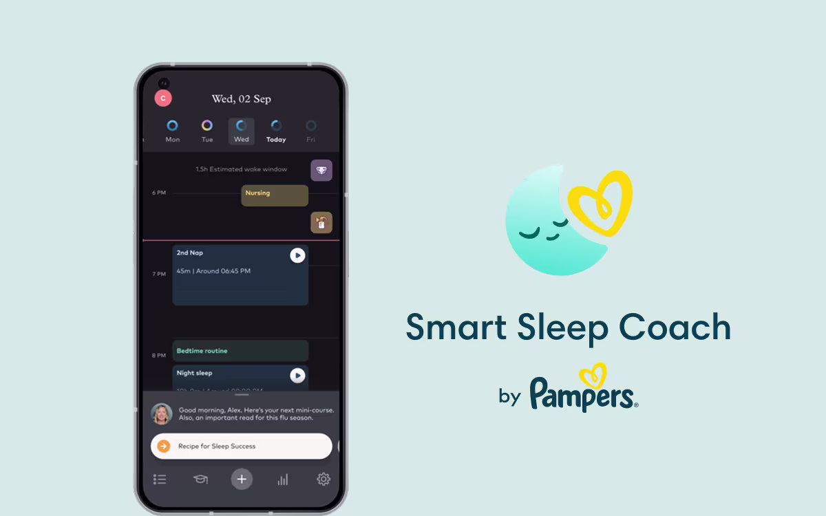 Imagen de la pantalla de la aplicación Smart Sleep Coach de Pampers con seguimiento del sueño del bebé y horario