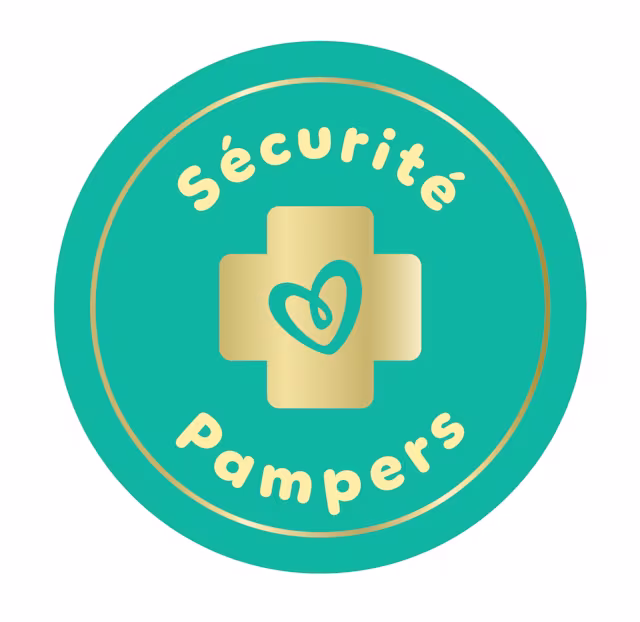 Dark teal blue icon with ‘Pampers safety’ written on it in golden color