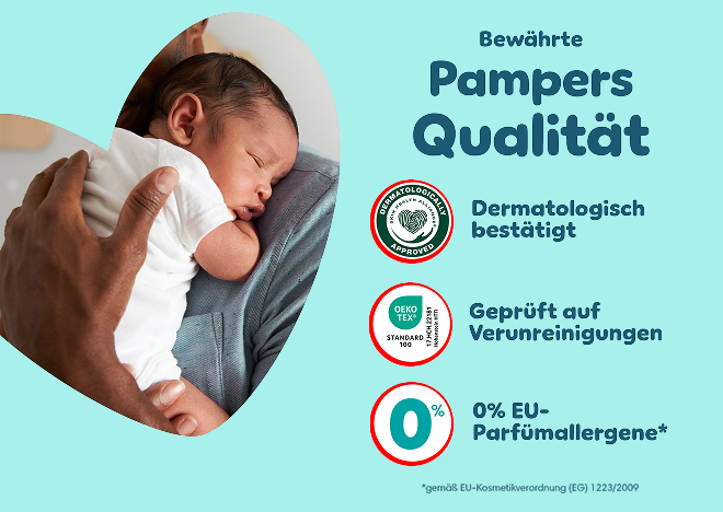 Bewährte Pampers Qualität: Dermatologisch bestätigt, 0% EU-Parfümallergene gemäß EU-Kosmetikverordnung (EG) 1223/2009, Geprüft auf Schadstoffe