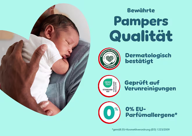 Bewährte Pampers Qualität: Dermatologisch bestätigt, 0% EU-Parfümallergene gemäß EU-Kosmetikverordnung (EG) 1223/2009, Geprüft auf Schadstoffe