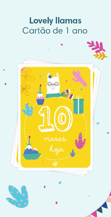 Cartões impressos para comemorar o aniversário de 10 meses do seu bebê. Decorados com motivos alegres, incluindo a adorável lhama e uma nota comemorativa: 10 meses hoje!