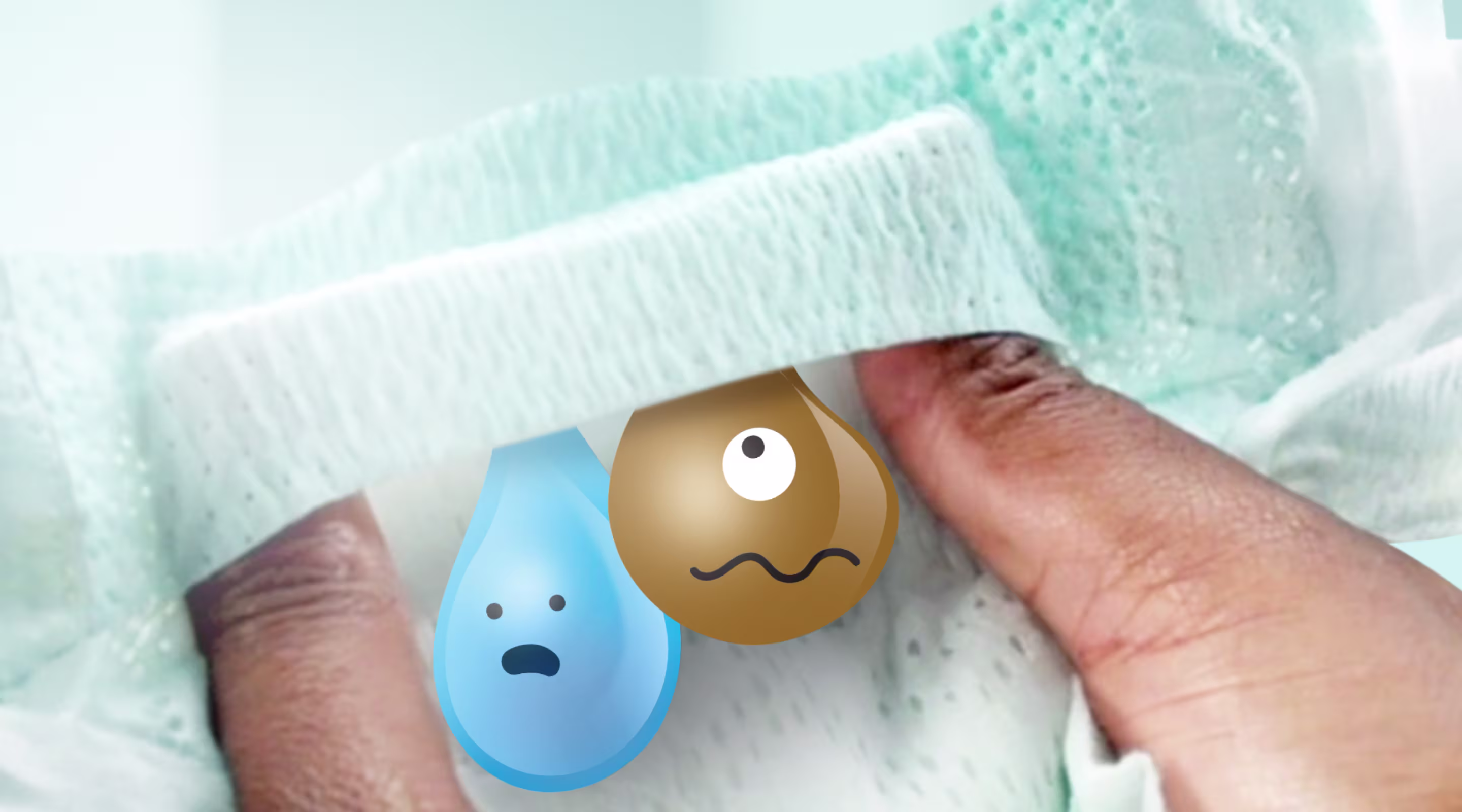 Een close-up toont twee handen die voorzichtig een Pampers-luier open trekken en het Stop & Protection-zakje onthullen.
