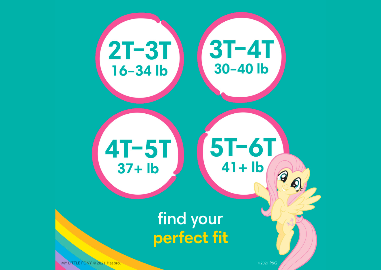 Image is showcasing all the different sizes available with Easy Ups from 2T-3T through 5T-6T.