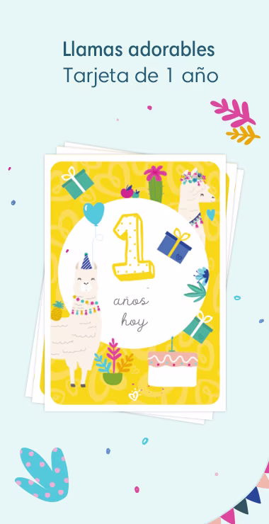 Tarjetas impresas para celebrar el 1er cumpleaños de tu bebé. Decoradas con alegres motivos que incluyen la adorable llama y una nota de celebración: ¡Hoy cumple 1 año! 