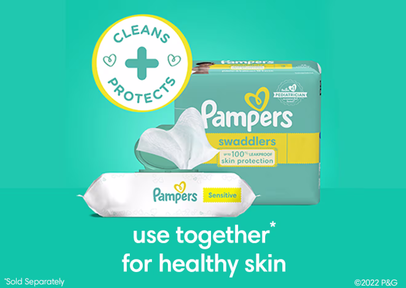 Pour une peau saine, utilisez les lingettes Pampers Sensitive avec les couches Pampers Swaddlers