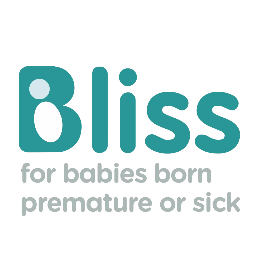Logo for the organization Bliss featuring large teal typography with a stylized letter 'B', and the tagline 'for babies born premature or sick' written in grey text underneath.