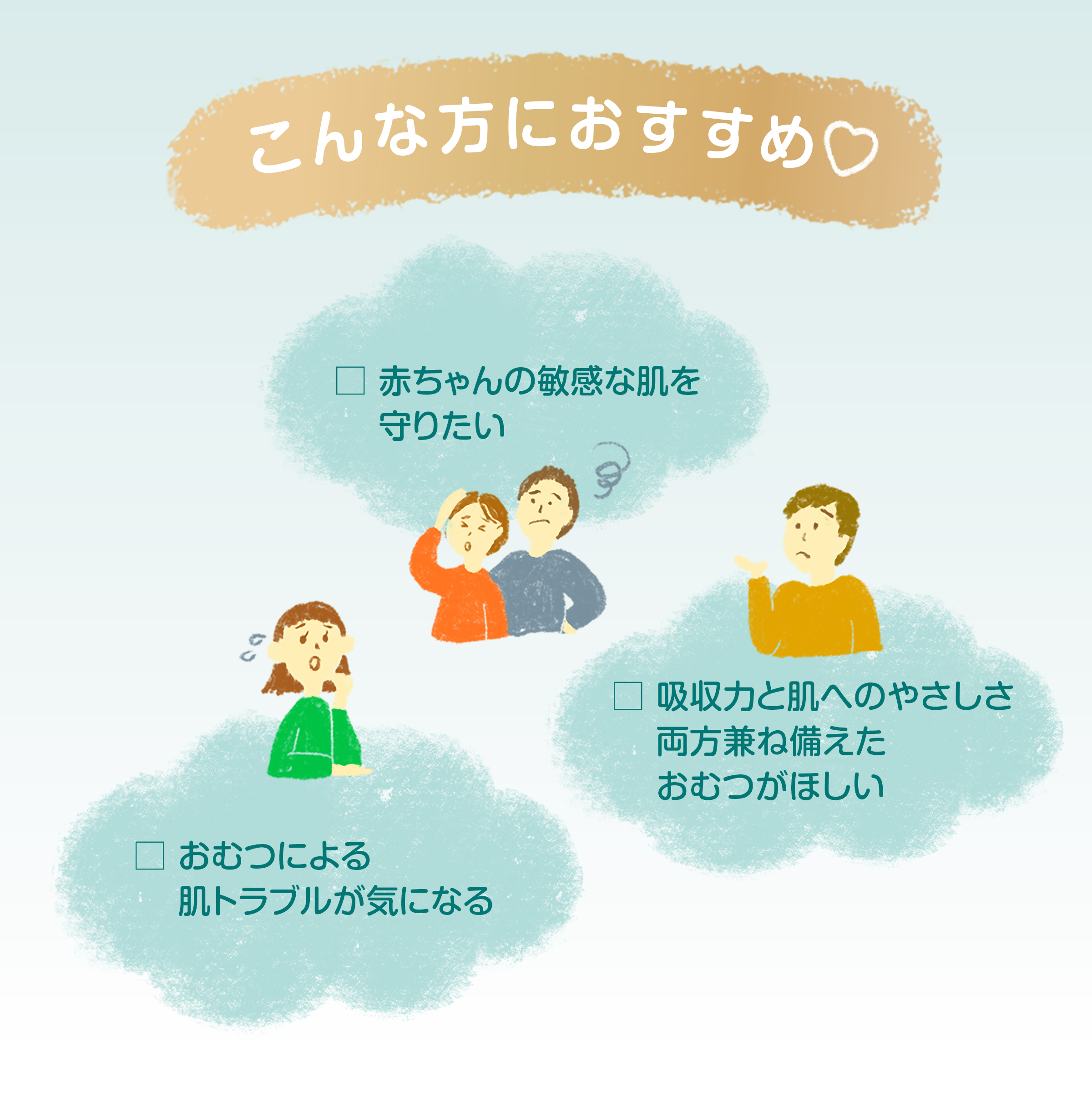 こんな方におすすめ。赤ちゃんの敏感な肌を守りたい。おむつによる肌トラブルが気になる。吸収力と肌ヘのやさしさ、両方を兼ね備えたおむつが欲しい。