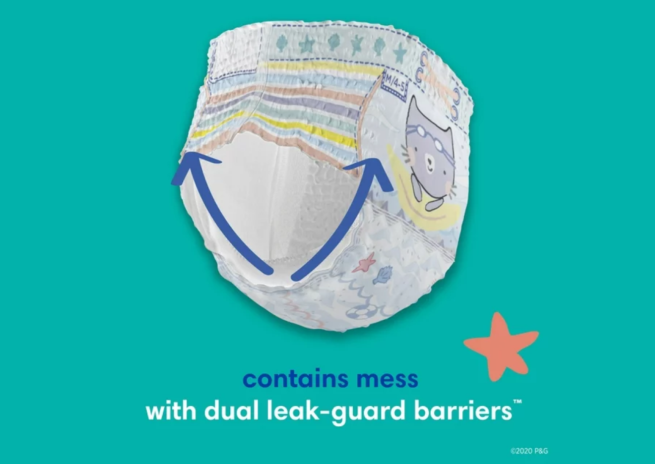 L’image montre comment les Pampers Splashers contiennent les dégâts avec une double barrière anti-fuites Dual Leak-Guard Barriers
