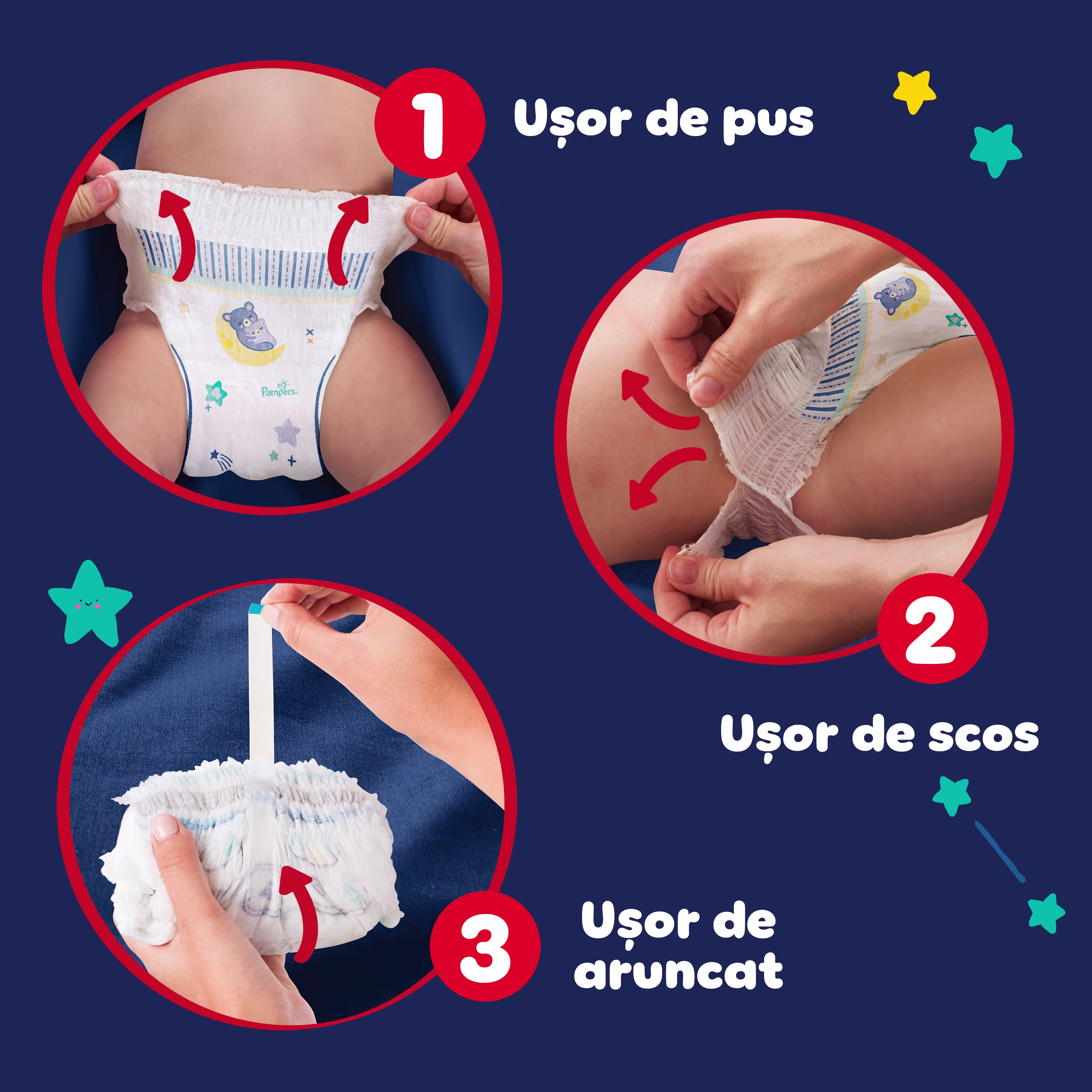 Trei imagini rotunde arată cum se folosesc scutecele Pampers. Prima imagine: mâinile pun scutecul pe talia copilului. A doua imagine: mâinile rup marginile scutecului pentru a-l scoate. A treia imagine: scutecul uzat este rulat și asigurat.