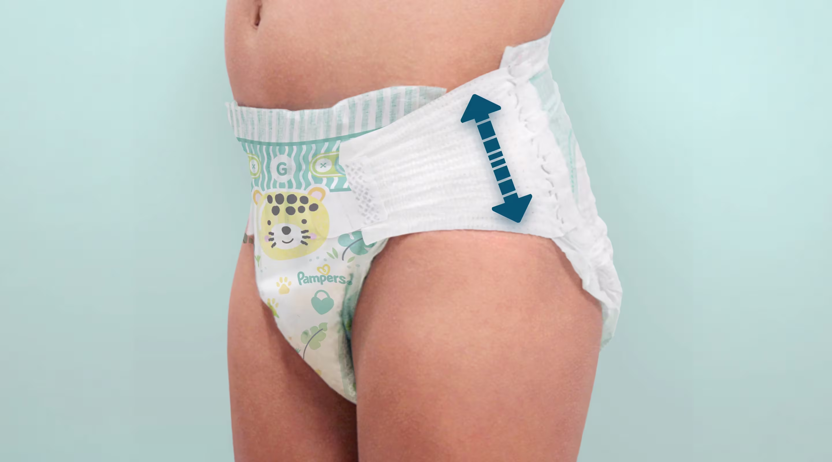 Imagen mostrando las Orejas Elásticas Cinta Flex en el pañal Pampers Confort Sec.