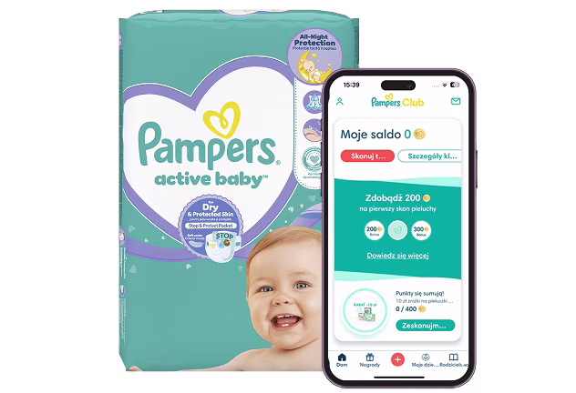 Logo Pampers Club i opakowanie pieluszek z aplikacją Pampers Club pokazaną na telefonie