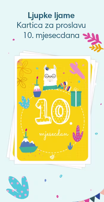 Slavljeničke kartice za proslavu 10. mjesecdana vaše bebe! Ukrašene veselim motivima uključujući ljupku ljamu i natpis: 10. mjesecdan