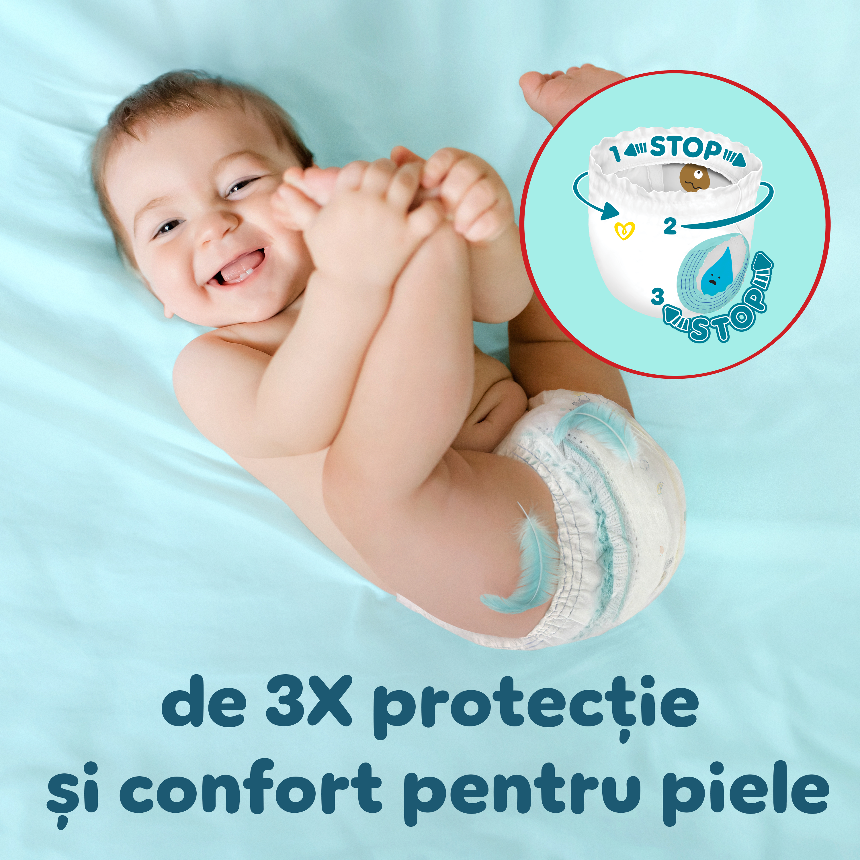 Un bebeluș purtând Pampers Premium Protection Pants stă pe spate pe o lenjerie albastru deschis, râzând în timp ce își ține picioarele. Imaginea include o grafică care evidențiază protecția de 3 ori mai mare și confortul pentru piele datorită materialelor ultra-moi.
