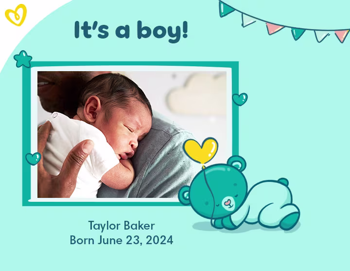 Birth announcement for a baby boy, Taylor Baker, born June 23, 2024, with a picture of him with his father.
