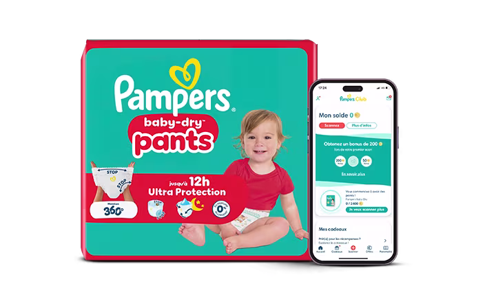 Logo Pampers Club et paquet de couches avec l'application Pampers Club affichée sur un téléphone.