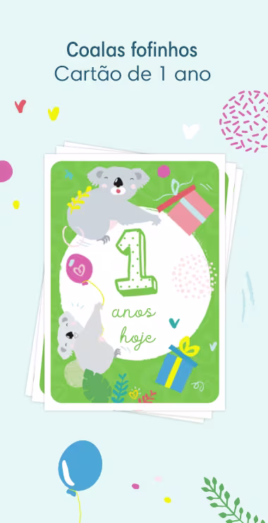 Cartões impressos para comemorar o primeiro aniversário do seu bebê. Decorados com motivos alegres, incluindo o fofo coala e uma nota comemorativa: 1 ano de idade hoje!
