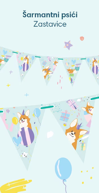 Naše su zastavice ukrašene zabavnim ilustracijama i motivima, s pozadinom svjetlo plave boje, šarenim oblicima, darovima, balonima i šarmantnim psićem!