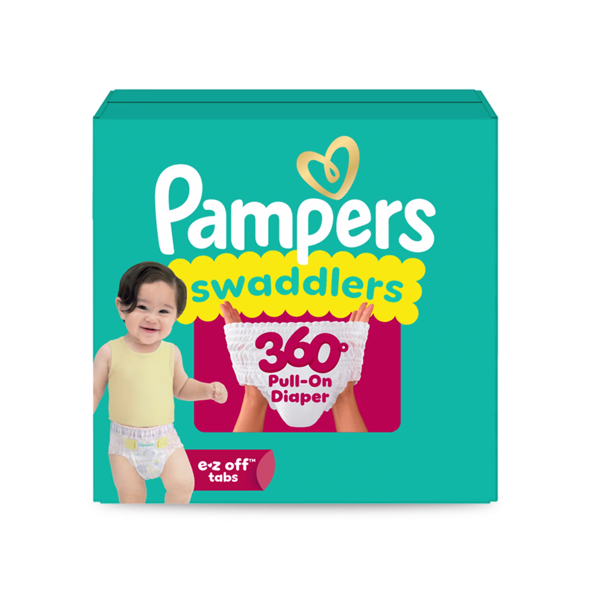 Paquete de Pampers® Swaddlers 360°™ con pañal tipo pull-on y cintas e-z off™