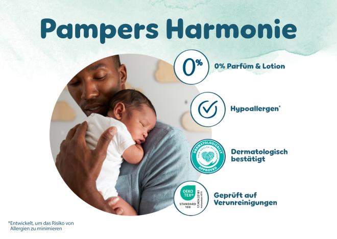 Bewährte Pampers Qualität: Dermatologisch bestätigt, 0% EU-Parfümallergene gemäß EU-Kosmetikverordnung (EG) 1223/2009, Geprüft auf Schadstoffe