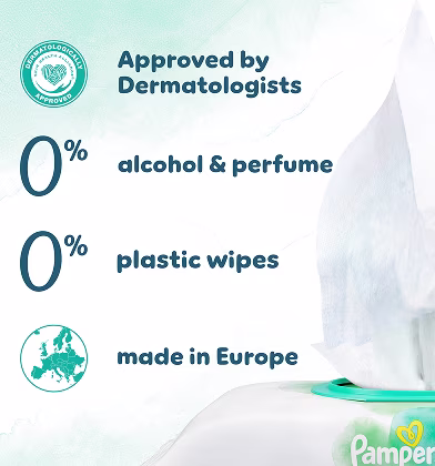 A close-up shot of Pampers Harmonie Aqua wipes being pulled from the pack and list of certifications.