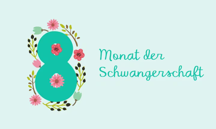 Türkise Zahl 8 umrahmt von einem Blumenkranz – 8. Schwangerschaftsmonat
