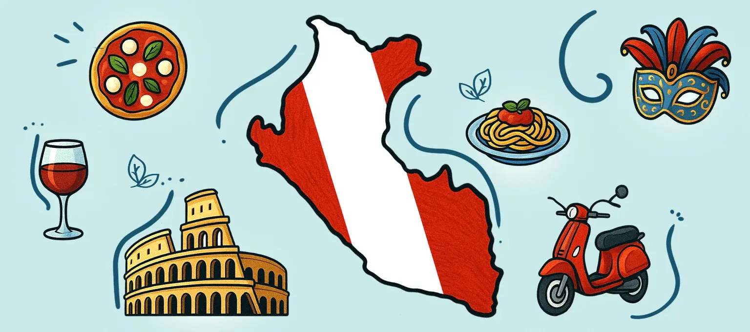 Diseñar un mapa de Perú con su respectiva bandera y algunas de las tradiciones de Italia alrededor Diseñar un mapa de Perú con su respectiva bandera y algunas de las tradiciones de Italia alrededor