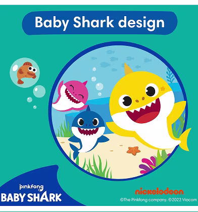 A graphic with the title 'Baby Shark design' at the top. The main focus is a circular illustration of three Baby Shark characters—yellow, pink, and blue—swimming underwater with a small orange fish, starfish, and seaweed.