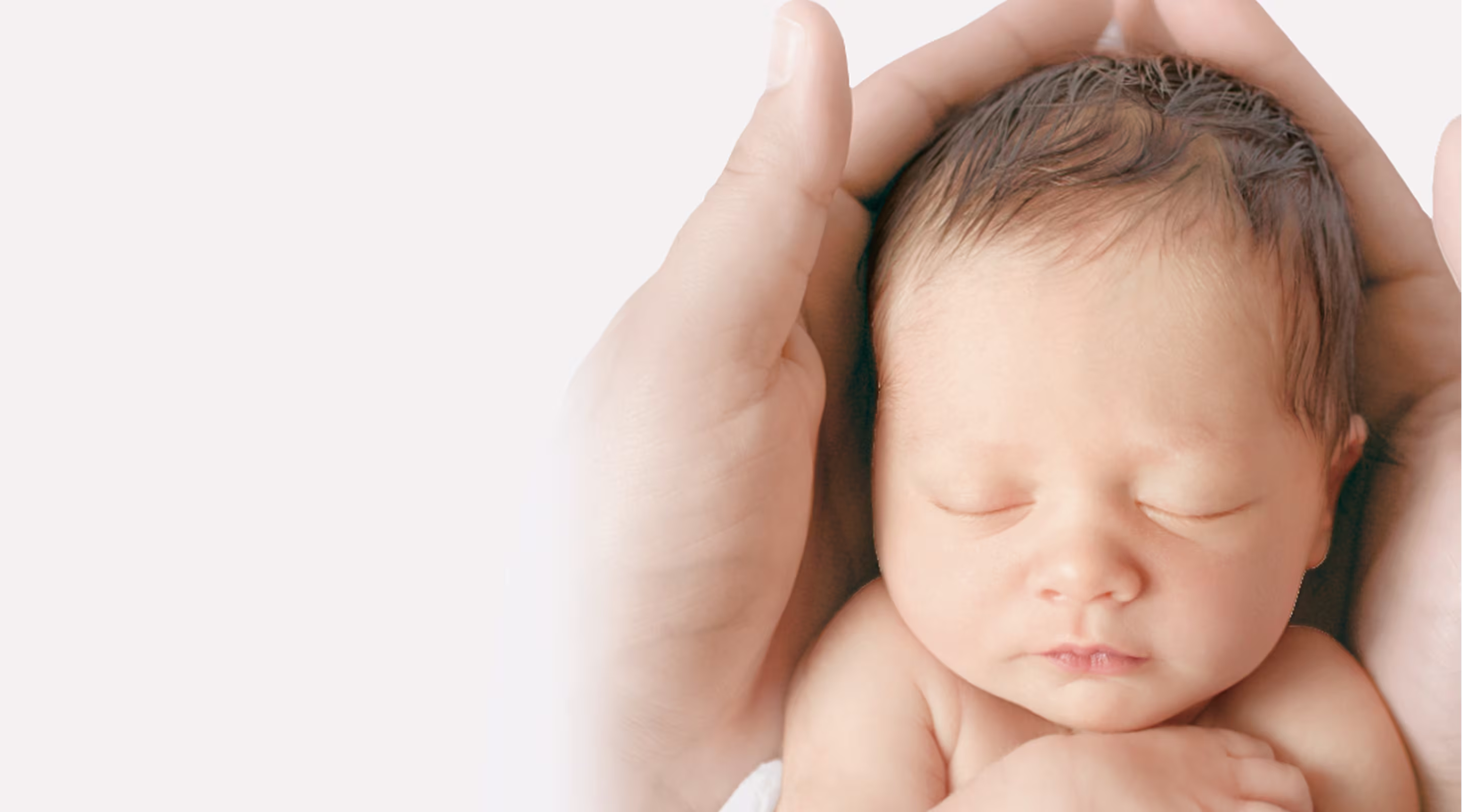 2 Hände halten sanft den Kopf eines neugeborenes Babys.