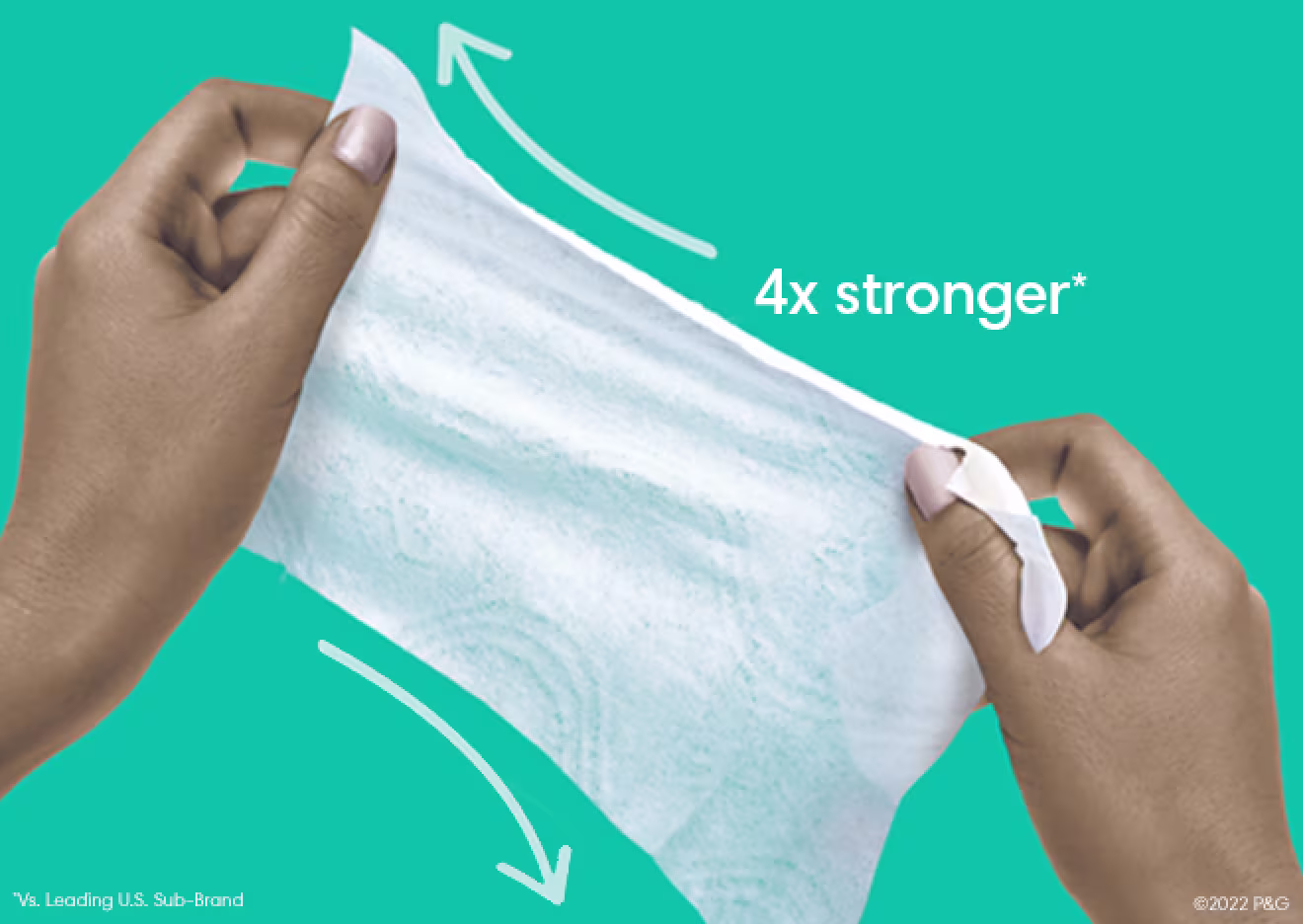 Image shows Pampers Baby-Clean Wipe being stretched, demonstrating being 4 times stronger (vs leading US sub-brand)