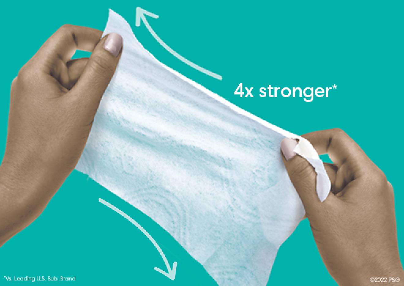 La imagen muestra la toallita Pampers Baby-Clean Wipe estirada, lo que demuestra que es 4 veces más resistente (en comparación con la submarca líder de EE. UU.)