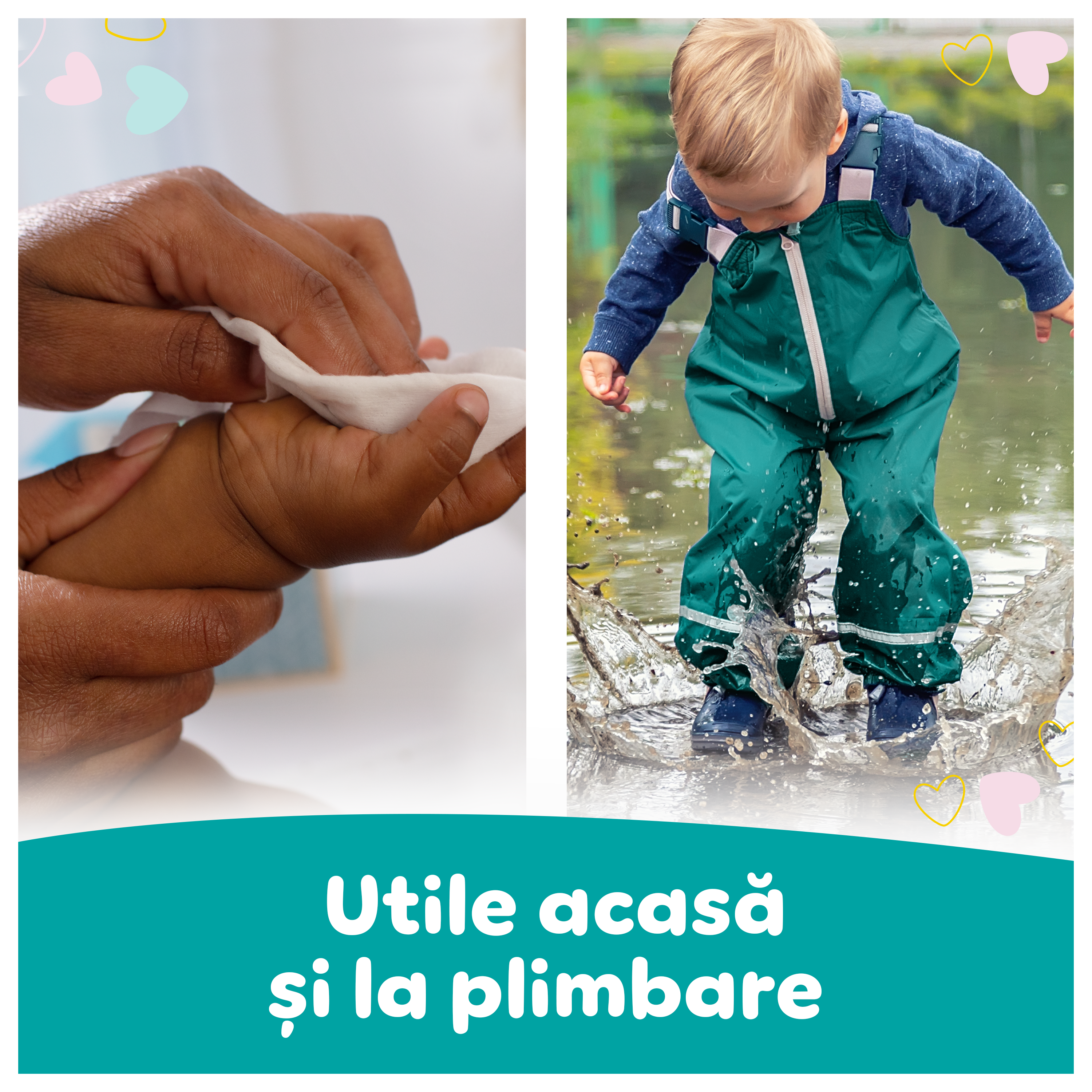 Un colaj de două imagini arată cum șervețelele umede Pampers Sensitive sunt utile atât acasă, cât și în deplasare. Pe partea stângă, un părinte curăță delicat mâna unui bebeluș. Pe partea dreaptă, un bebeluș fericit, purtând o pălărie de soare, se bucură de o gustare de pepene în aer liber.