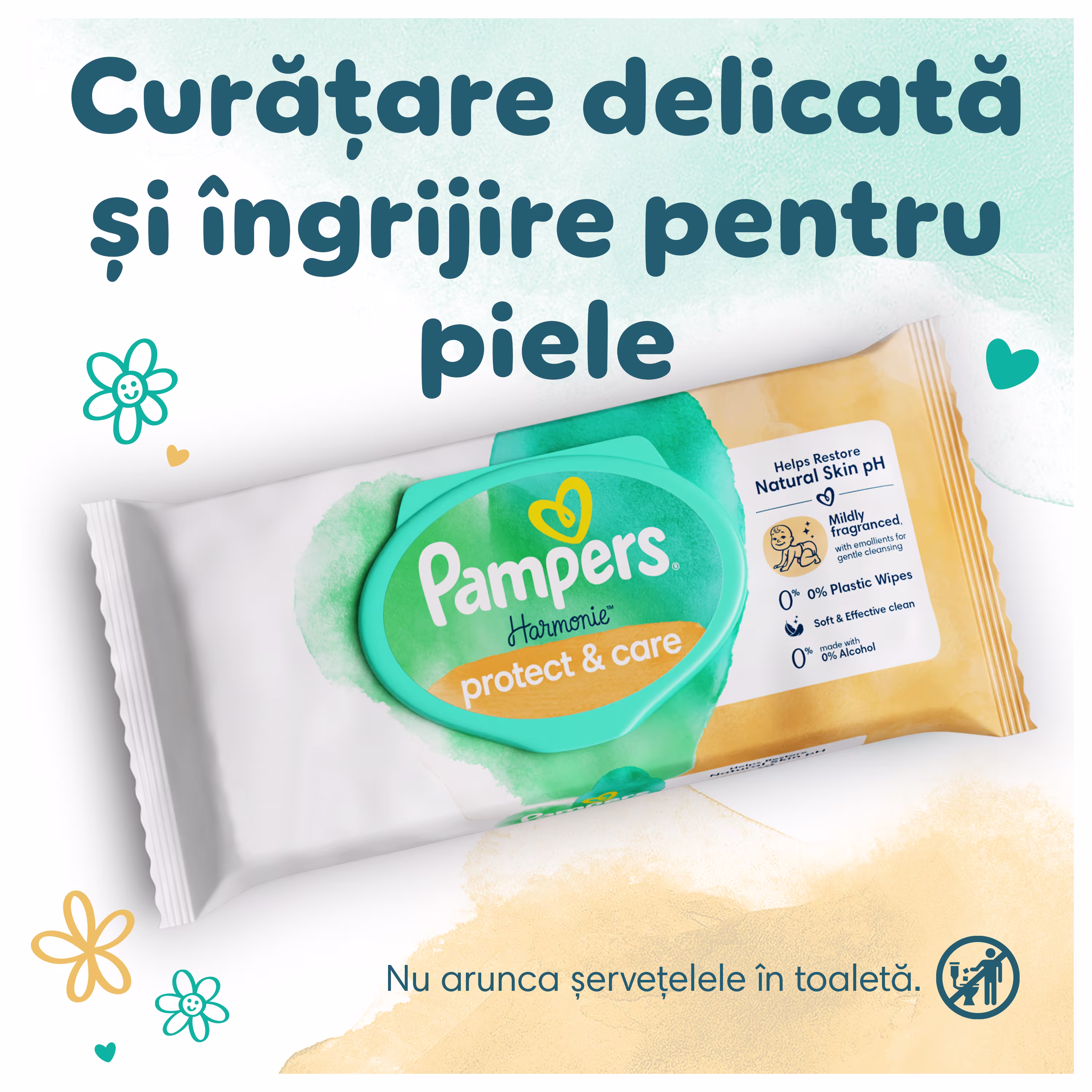 Prim-plan al ambalajului șervețelelor umede Pampers Harmonie Protect & Care.