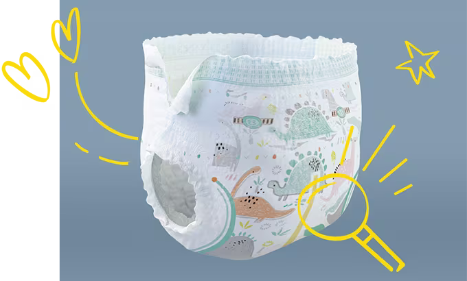 Full view of Pampers Premium Care Pants for Newborn and their seperate components: absorbent core, 360° elastic waistband, disposal tape, topsheet, and backsheet.
