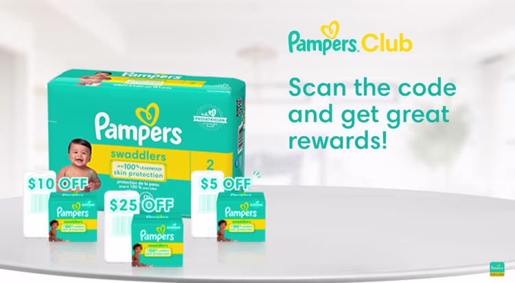 By scanning the code inside your Pampers product packaging, you will earn rewards in the Pampers Club app!