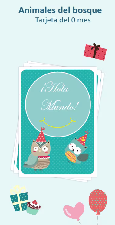 Cartas impresas para celebrar el nacimiento de tu bebé. Decoradas con motivos alegres, incluyendo dos búhos del bosque y una nota de celebración: ¡Hola Mundo!