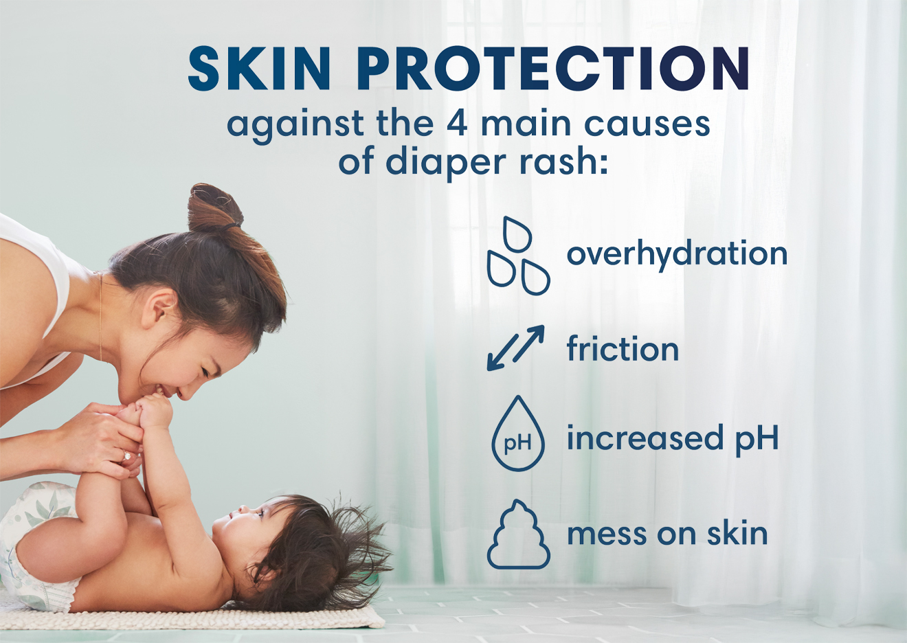 Skin protection against the 4 main causes of diaper rash: overhydration, friction, increased pH, and mess on skin.