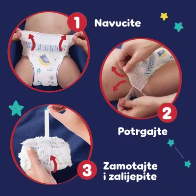 Tri okrugle sličice pokazuju kako koristiti Pampers pelene. Na prvoj slici ruke navlače pelenu na djetetov struk. Na drugoj slici ruke trgaju bočne strane pelene da je skinu. Na trećoj slici motaju iskorištenu pelenu i učvršćuju je. Tri okrugle sličice pokazuju kako koristiti Pampers pelene. Na prvoj slici ruke navlače pelenu na djetetov struk. Na drugoj slici ruke trgaju bočne strane pelene da je skinu. Na trećoj slici motaju iskorištenu pelenu i učvršćuju je.