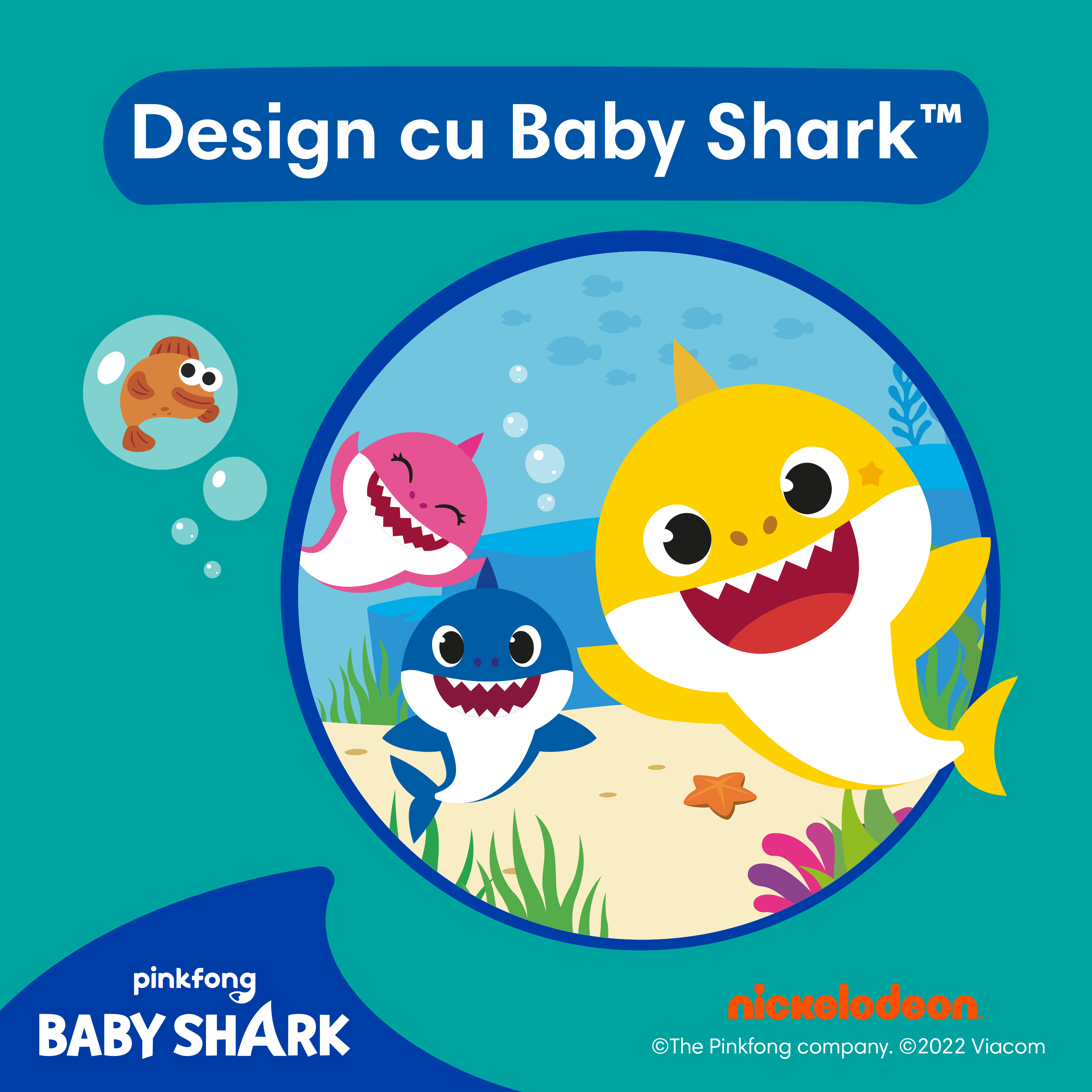 Imagine cu desene cu Baby Shark și sris „Design cu Baby Shark”.