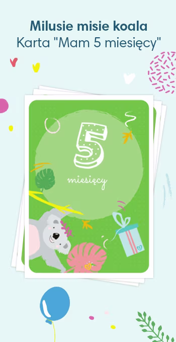 Kartki z nadrukiem z okazji 5. miesiąca życia dziecka, ozdobione radosnymi motywami, w tym misiami koala i napisem: 5 miesięcy!