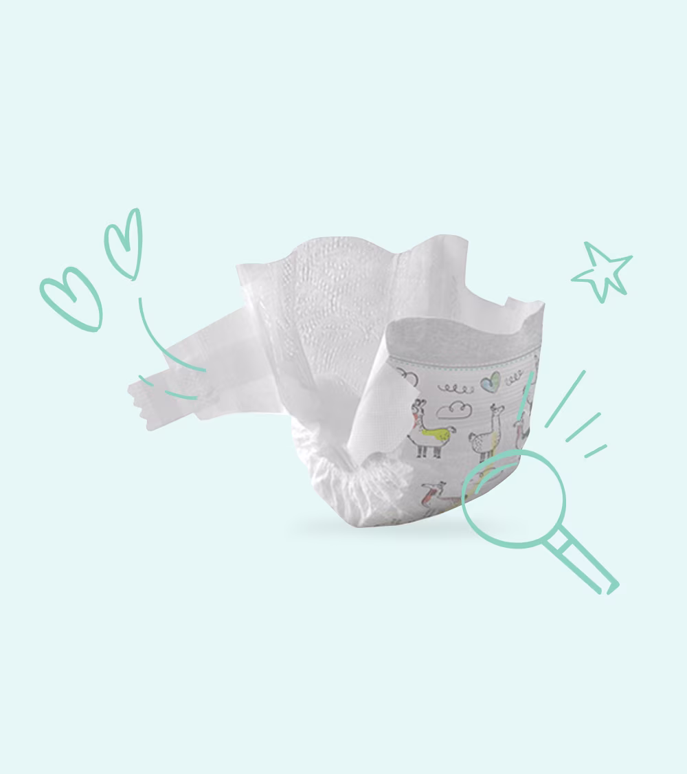 Komplettansicht der Pampers Harmonie Windel und ihrer verschiedenen Bestandteile