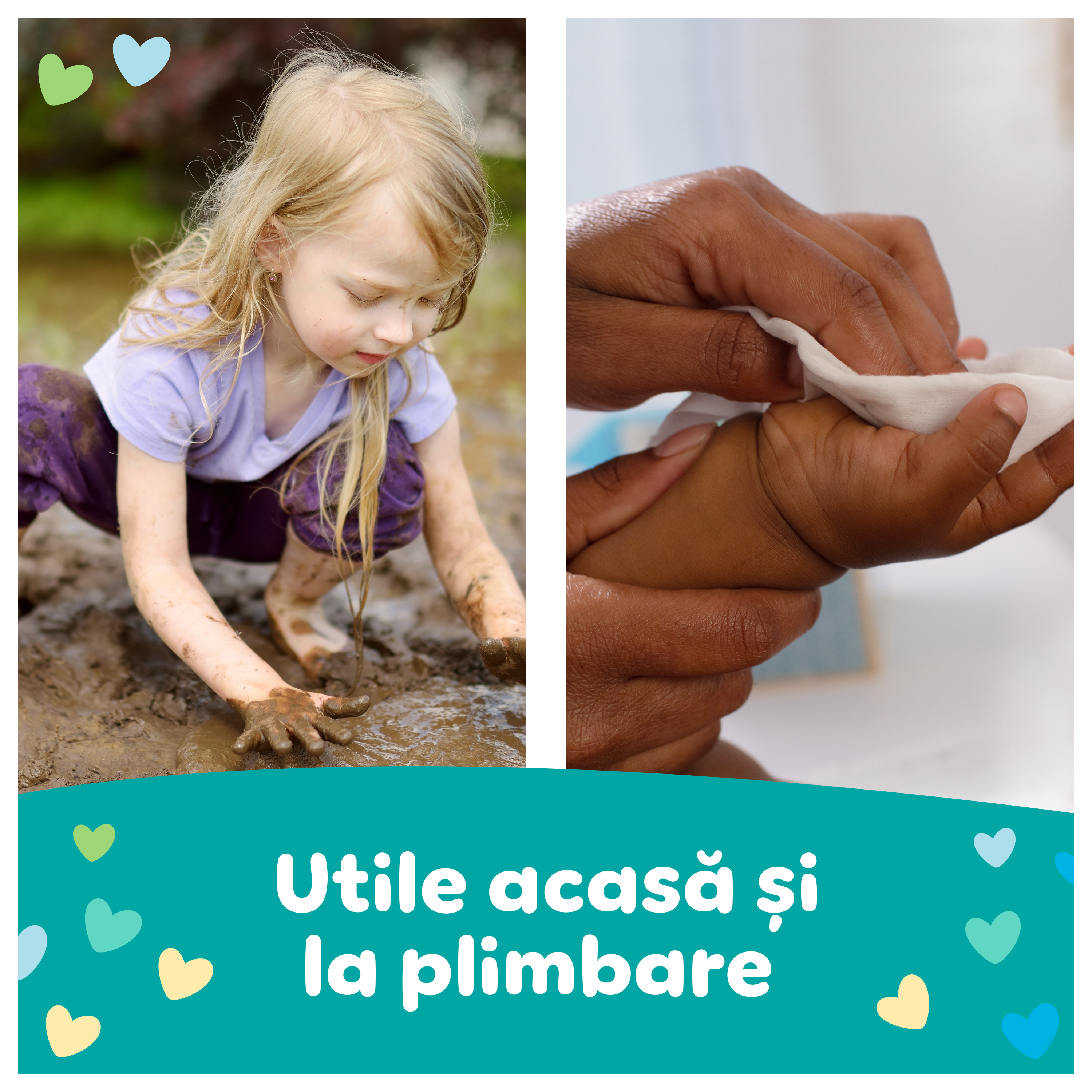 Un colaj de două imagini arată cum șervețelele umede Pampers Soft & Clean sunt utile atât acasă, cât și în deplasare. Pe partea dreaptă, un părinte curăță delicat mâna unui bebeluș. Pe partea stângă, o fetiță se joacă în aer liber.
