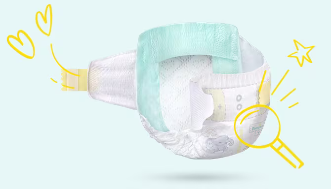Vue complète de nos couches Swaddlers de Pampers® et de ses différents composants : cœur absorbant, élastiques flexibles, système de fermeture à la ceinture et bande indicateur d’humidité. Nos couches sont magnifiquement illustrées avec des motifs dessinés à la main. 